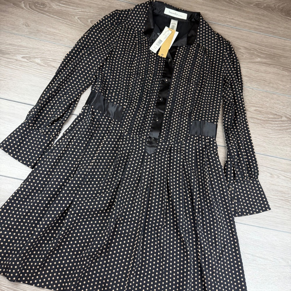 Laundry by Design Womens Silk Polka Dot Pleated Shirt Dress Black Bone 12 Petite